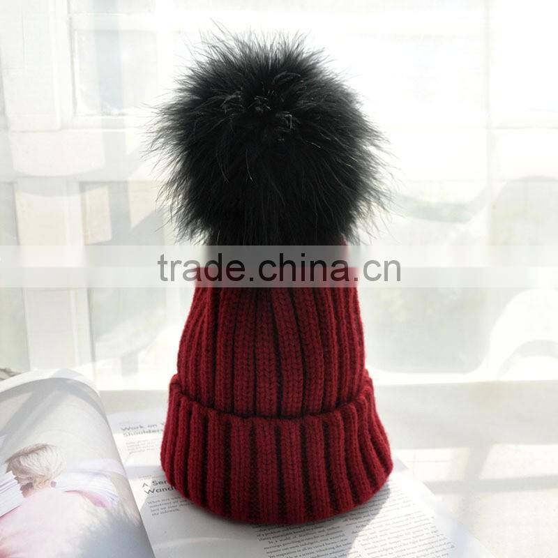 2016 Winter beanie Real Silver Fox Fur ball Knitting hat For Women Black Real Raccoon Fur ball Skullies