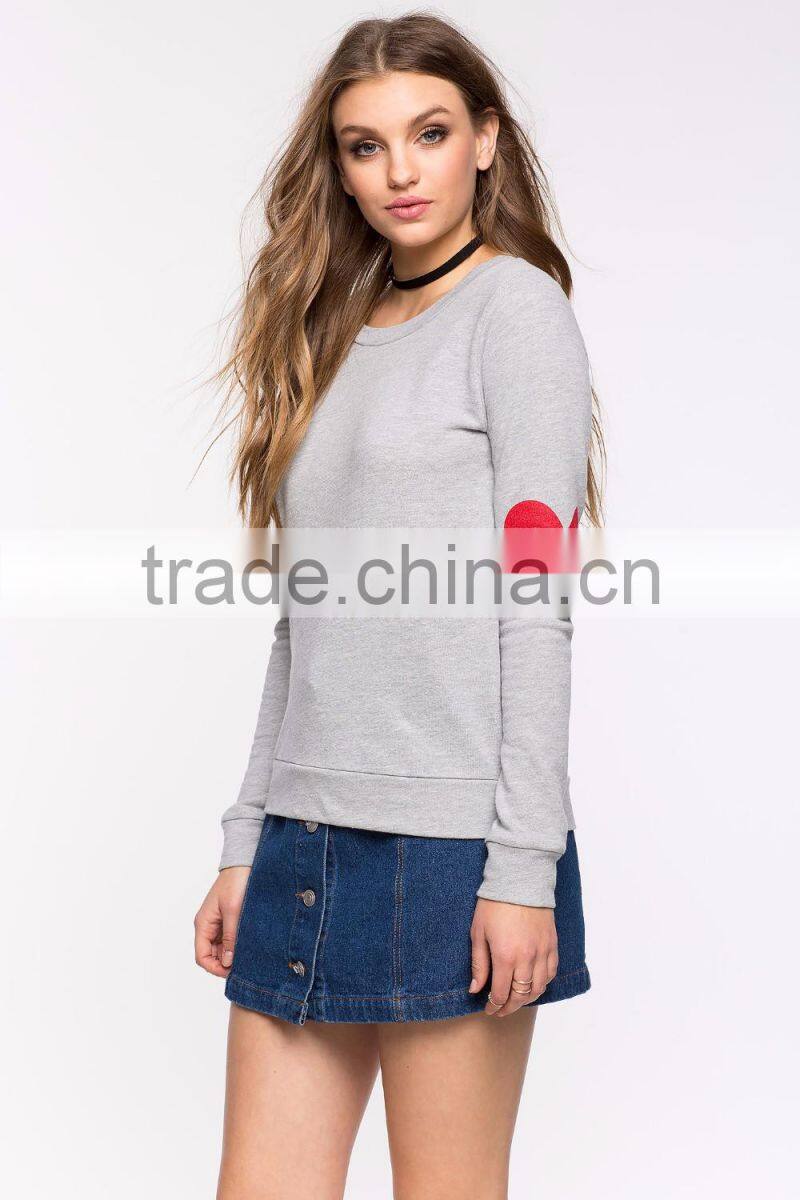 Adorable long sleeve red heart print sweatshirt,latest design ladies crewneck sweatshirt