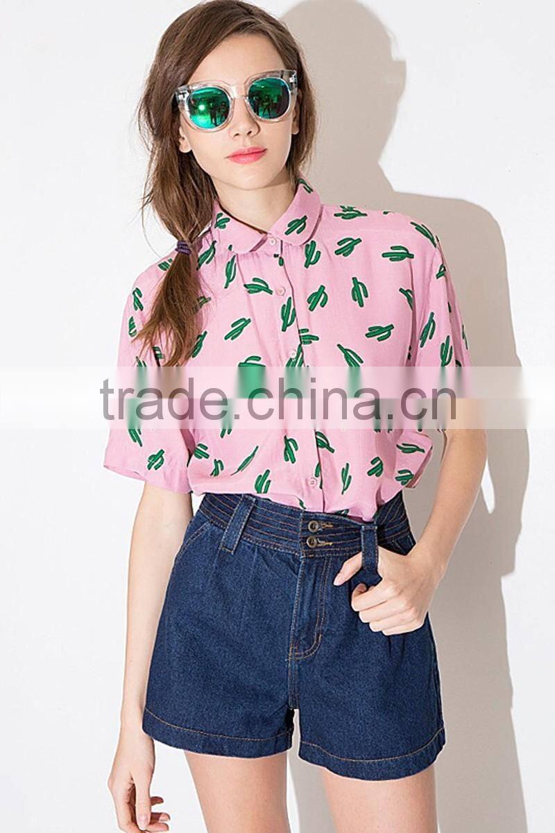 Women's sweet cactus print single-breasted 100% cotton casual short sleeve pink shirt