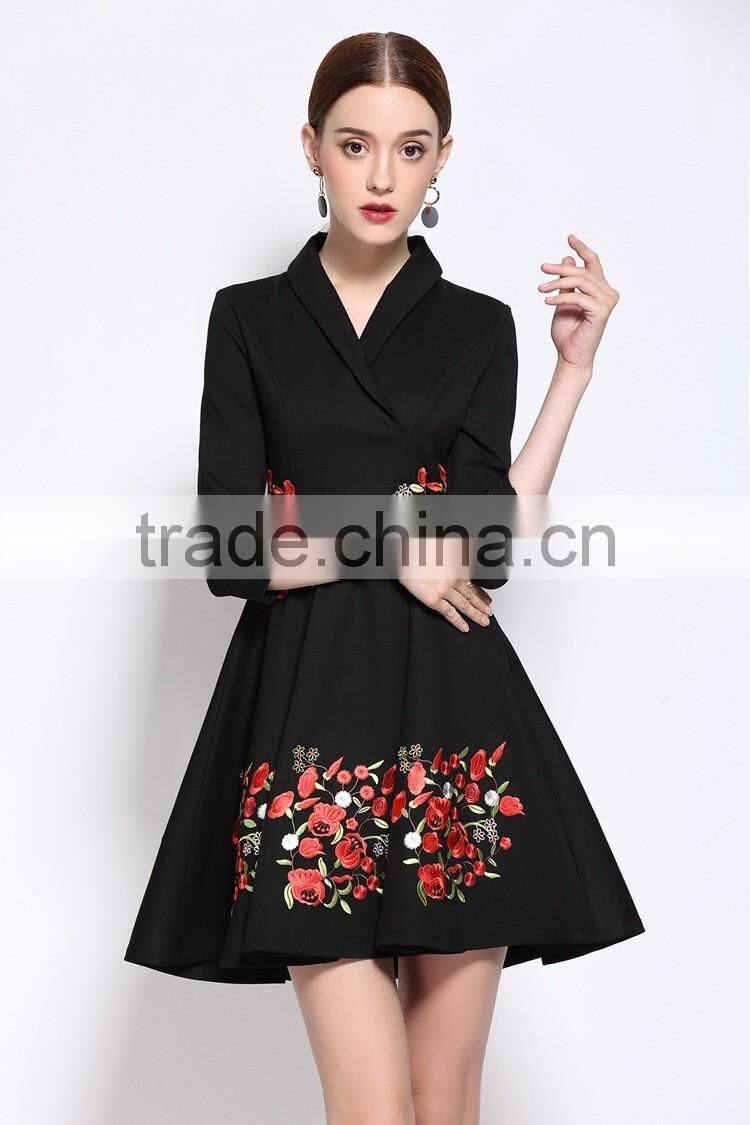 Ladies autumn/winter V neck 3/4 sleeve embroidered A-line dress