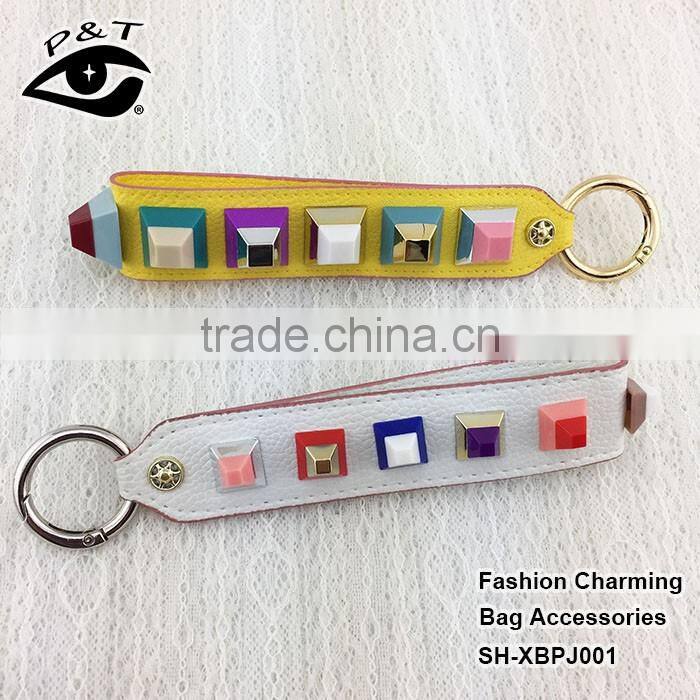 New design double PU leather with epoxy stone metal ring pendant for bags
