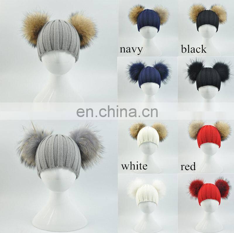 High Quality Kids Knitted Beanies Hat Double Big Raccoon Fur Pom Pom Hat Baby