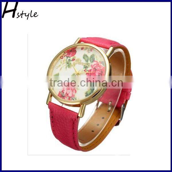 2016 High Quality Fashion Women Floral Quartz Watch Leather Wristwatch WP013