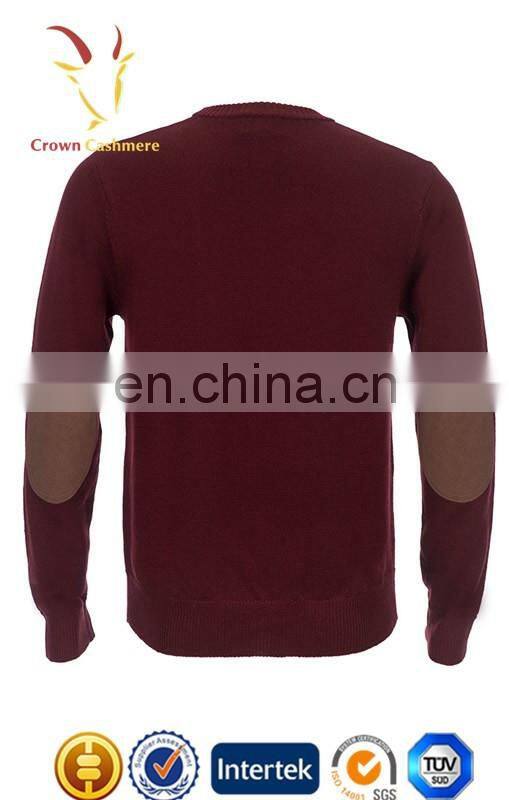 Mens 100% cashmere crew neck pullover sweater with elbow patches