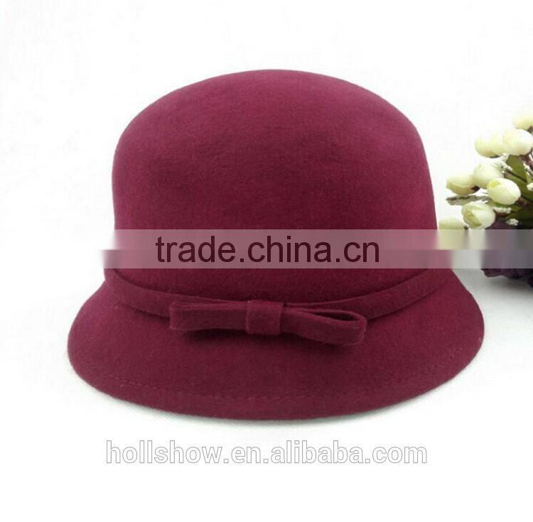 British Style Bowknot Ribbon Dome Wool Felt Elegant Charm Women Church Hat