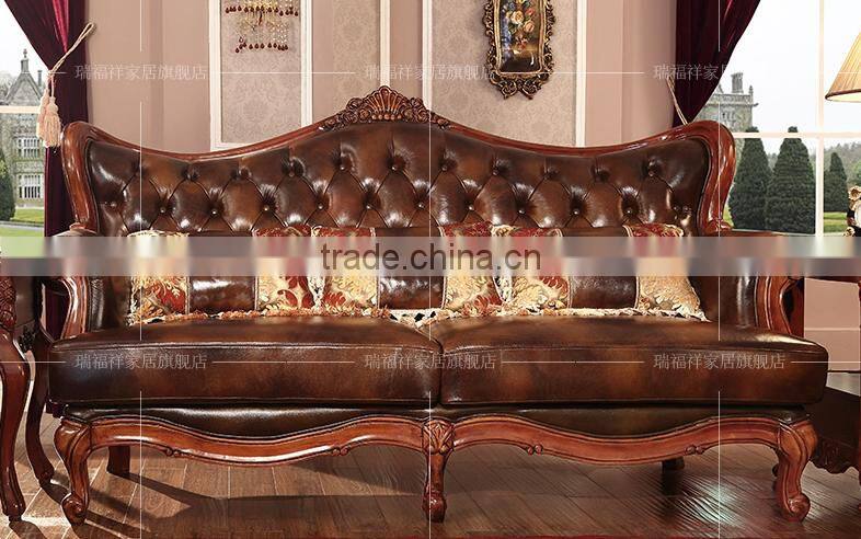 American antique style genuine leather solid wood sofa set design for living room furniture N-253