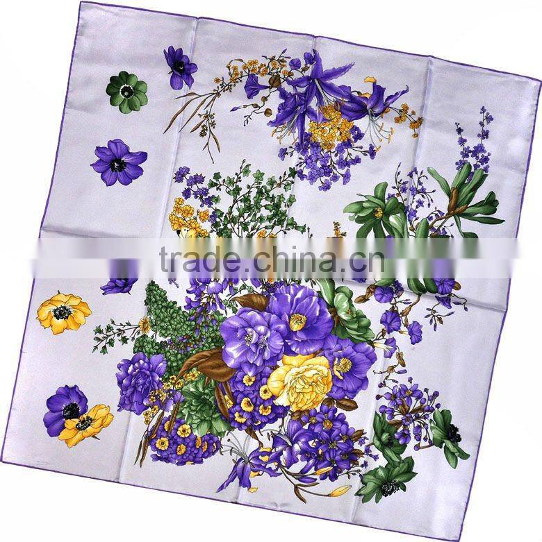 Flowers Printed Silk Twill Scarf for Women Purple/Yellow