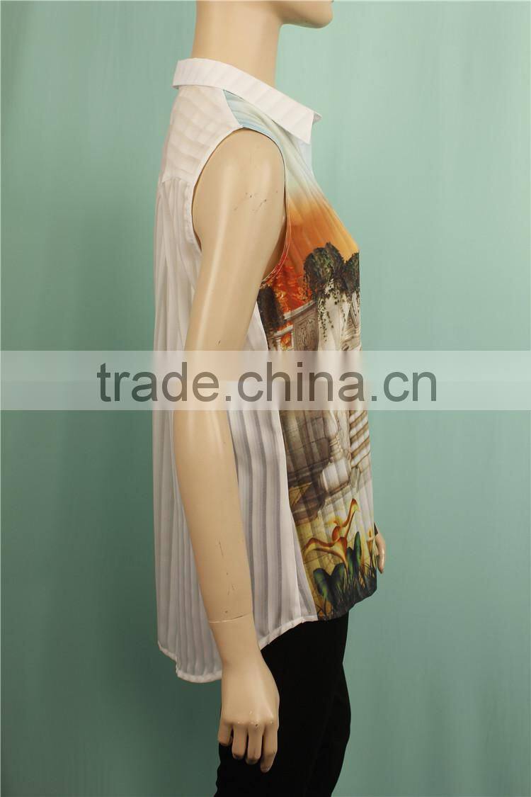 2016 S/S stripe front print sleeveless lady summer shirt designs