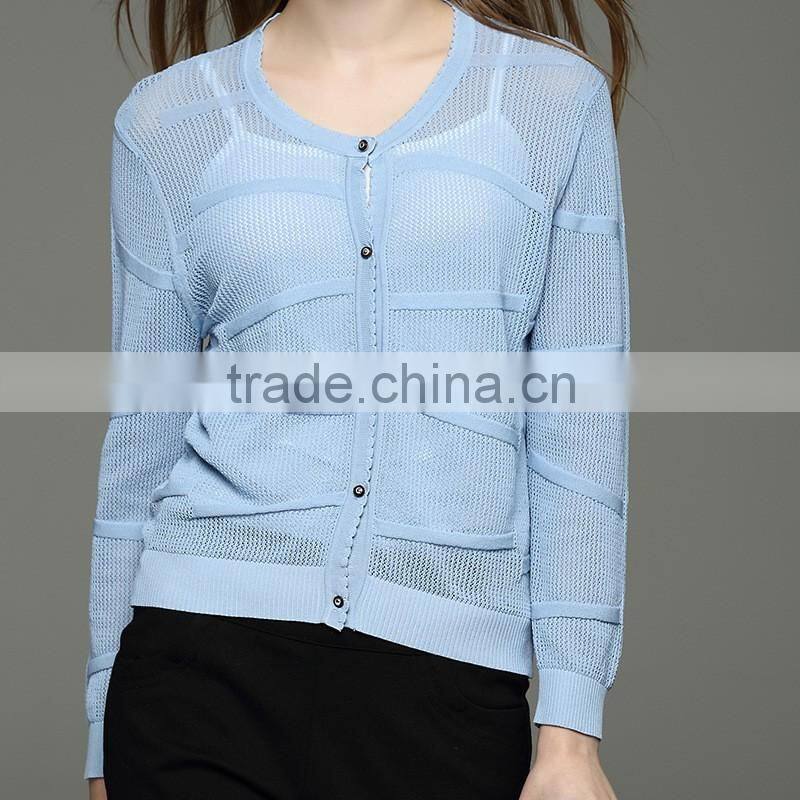 lady's knitted Round-neck long sleeve pointelle cardigan