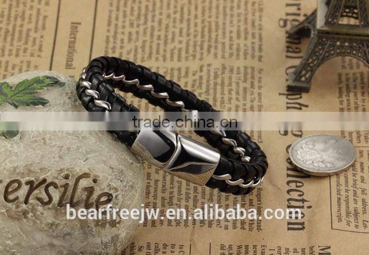 Men's Magnetic Buckle Stainless Steel Genuine Leather Rope Bracelet Braided Cuff Bangle Silver Black