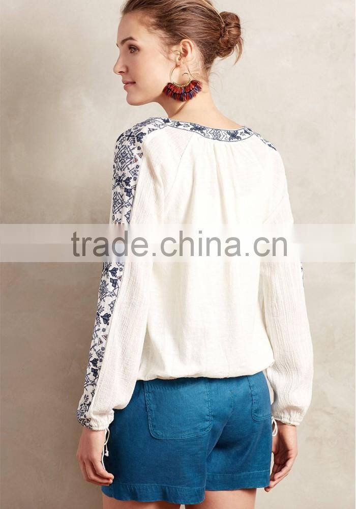 Custom manufacturer women clothes v neck embroidered full sleeves blouse designs