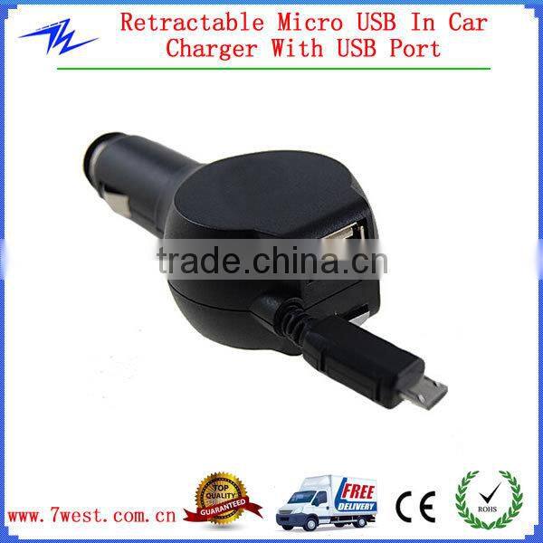 Micro USB Car Charger with Retractable USB Cable for Samsung / HTC / Blackberry
