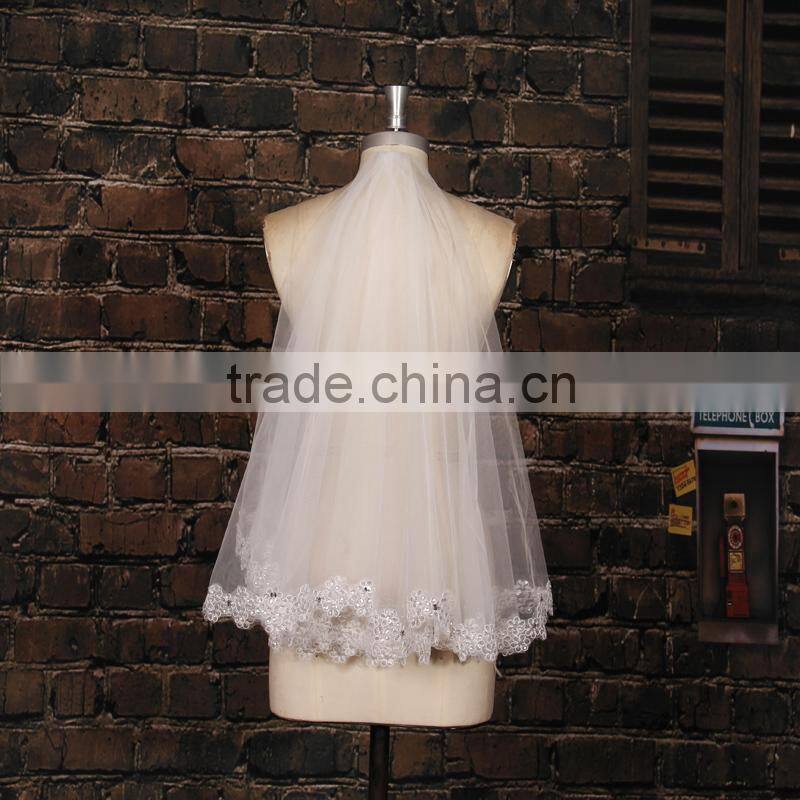 BV1009 2015 New Real Photo Simple Short Wedding Veil Lvory One Layer Lace Purfle Bride Veil