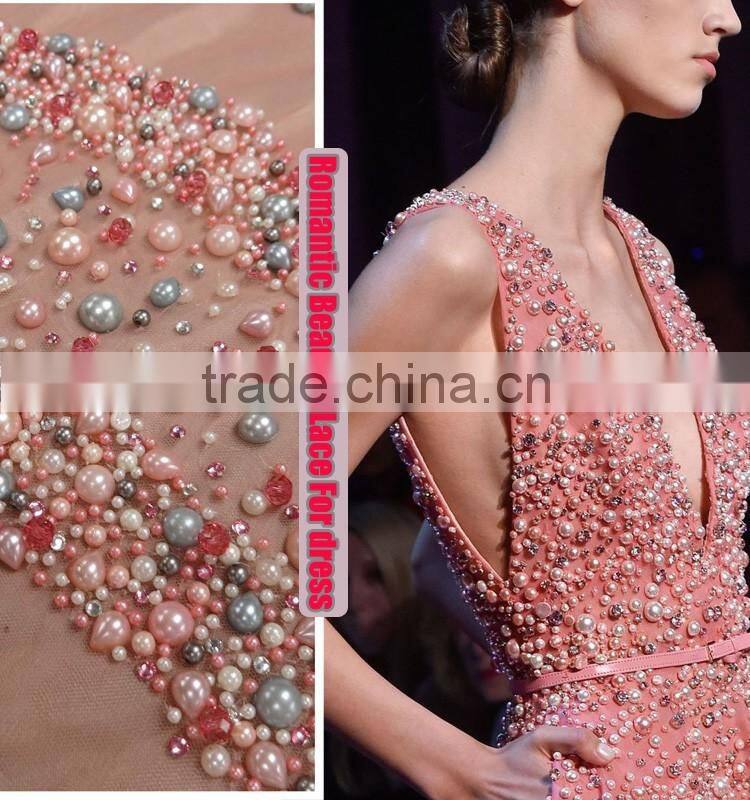 Gold beaded and sequins tulle with lace border/pearls tulle net lace for wedding dress