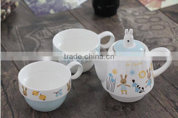Zakka creative cartoon rabbit couples coffee kettele and mugs ceramic three-piece tea set with stainless steel filter