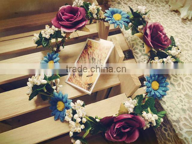 Handmade Artificial Silk Fabric Wedding Head Wreath Purple Rose Flower Wreath