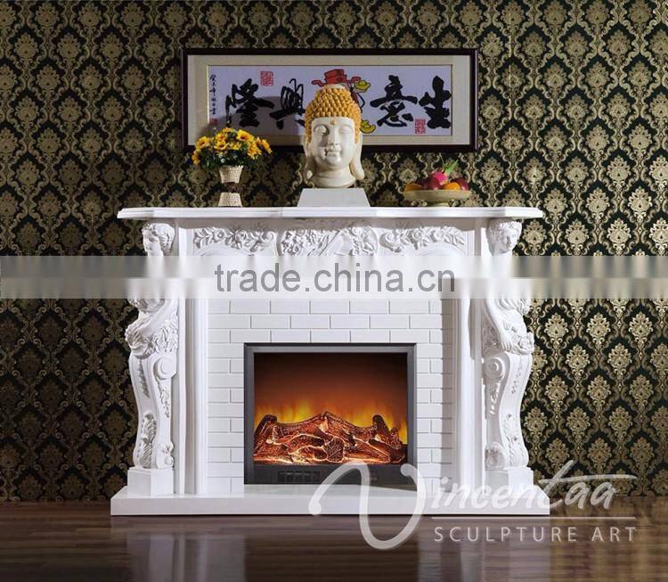 Indoor white hand-carved stone carvings and sculptures marble fireplace
