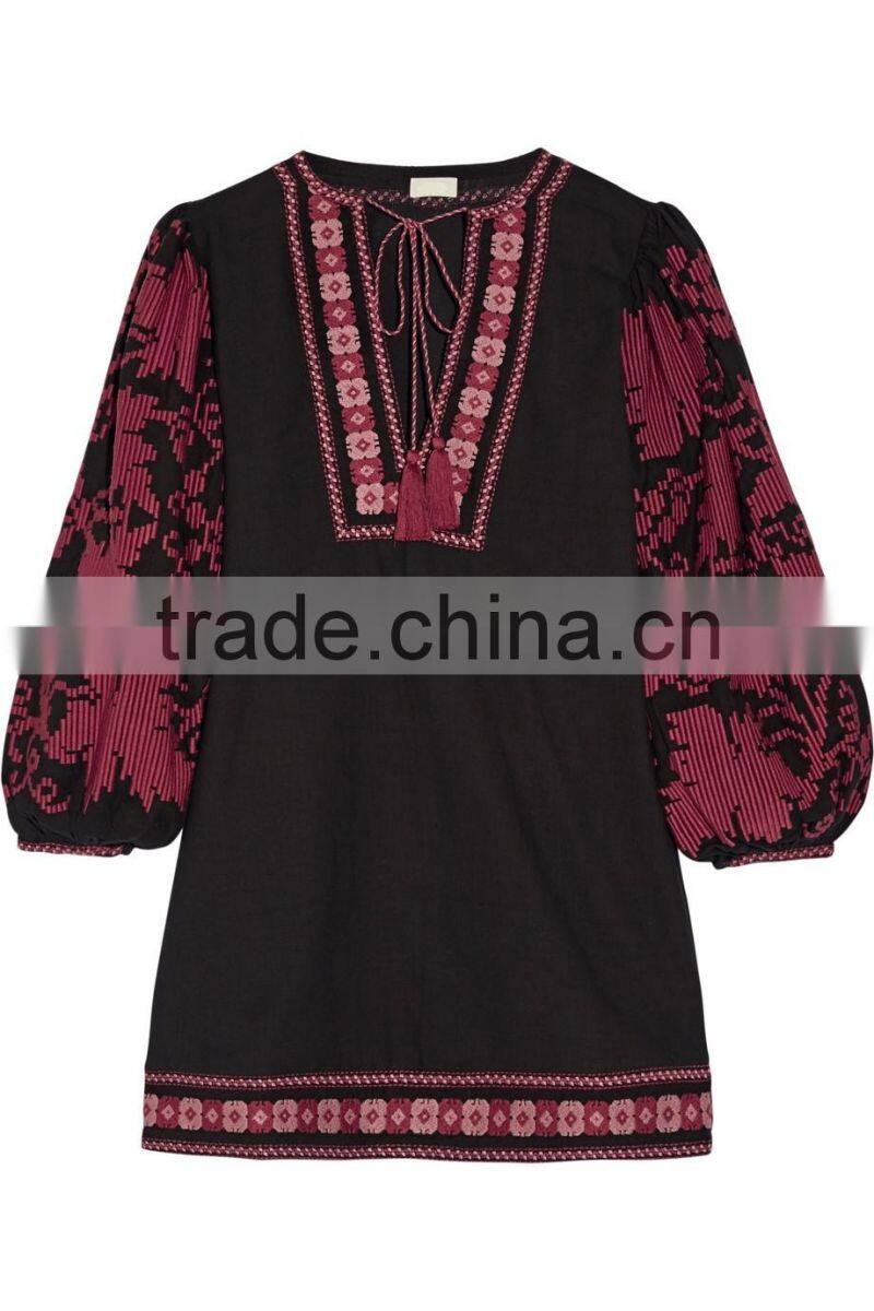 Ukrainian Boho Clothing Embroidered Cotton Mini Dress Machine Embroidery Intricate Plum Pattern And tasseled Ties 2016 HSD5690