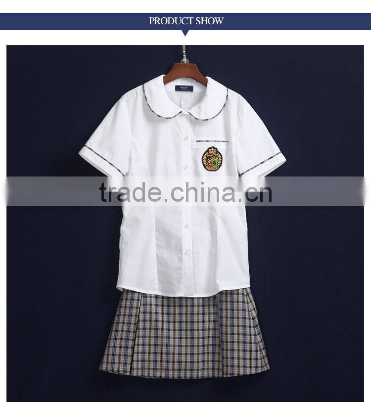 Custom School Wear Sets Girls Short Sleeve Shirt And Pleat Plaid Skirt