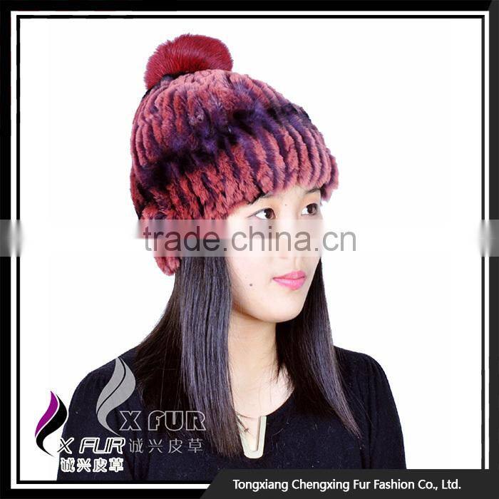 CX-C-58E Girls Fashion Wholesale Rex Rabbit Knitted Fur Hats Caps With Fur Ball