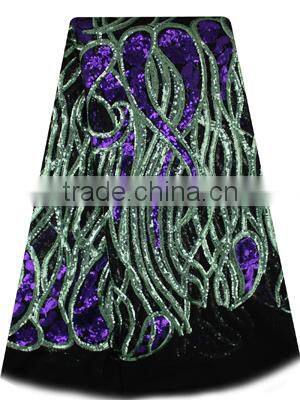 Bestwaytex FL0049 In Royal Blue Color French Cord Lace Silk Chiffon Fabric With Shiny Sequins