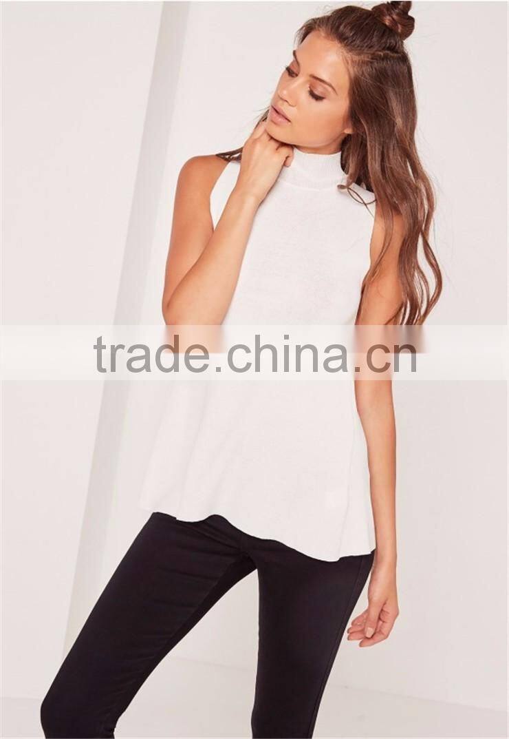 Plain White High Collar Sleeveless Knitwear With Split Back Women Wrap Back Tunic Top White