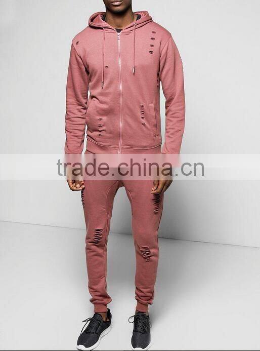 Mens distressed tracksuit slim fit tracksuit custom logo tracksuit