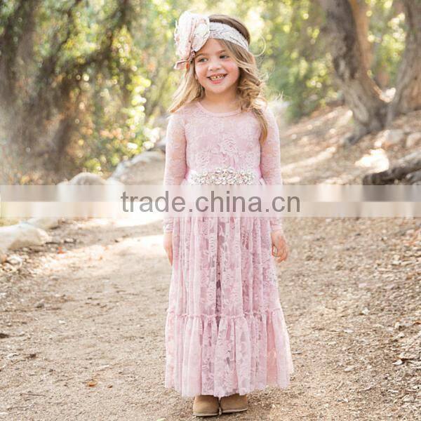 Baby Girls Fall Pink Lace Long Sleeve Maxi Dress Children Growns Frocks Design Clothing