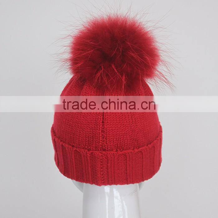 Myfur Elegant White Raccoon Fur Pom Poms Attached Wool Knitting Beanie Hat Wholesale