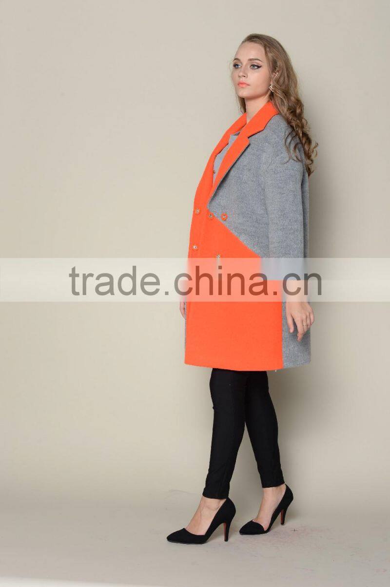ODM designed fashionable wool warm branded contrasted colored young ladies long coats