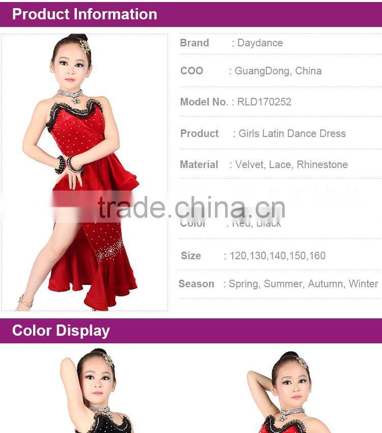 2017 Velvet Girls Child Latin Dance Costumes Black Red Fishtail Dance Dress For Kids