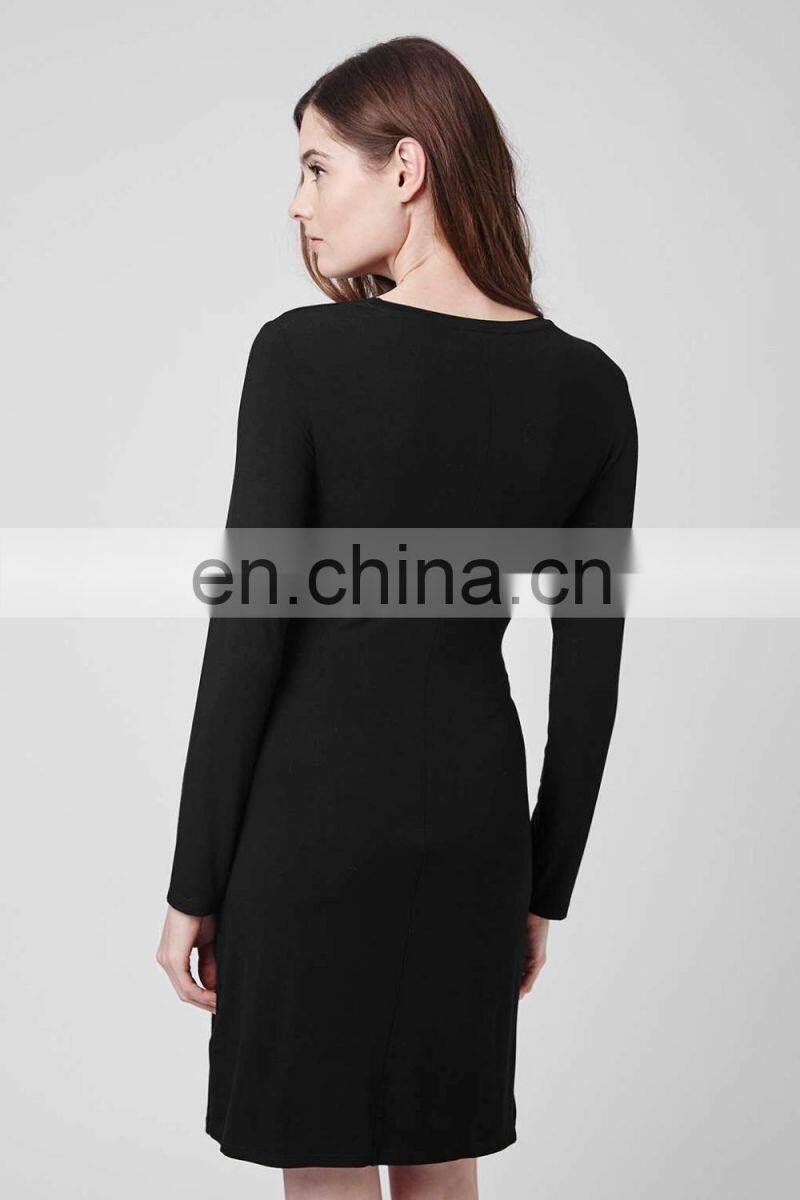 Black long sleeves viscose dress women with knot front