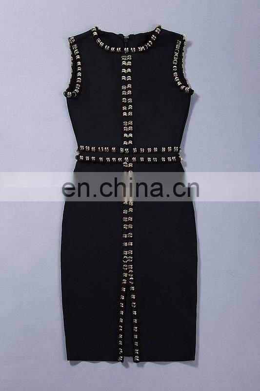 2017 fashion Black sleeveless O neck vent heavy beading beauty party dresses