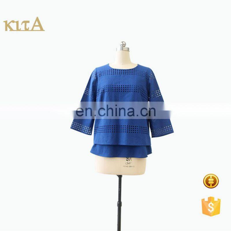 Hot sale spring three quarter sleeve womenn cotton embroidered blouse