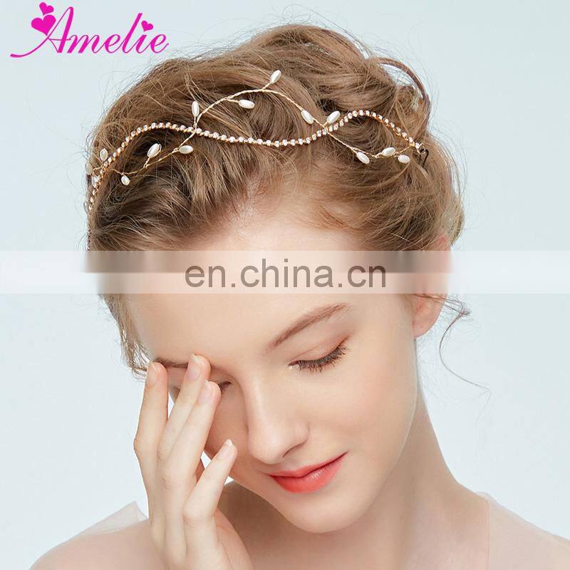 Amelie Simple Design Cheap Rhinestone Chain Pearls Decoration Wedding Bridal Hair Vine Christening Headbands Baby's Breath Vine
