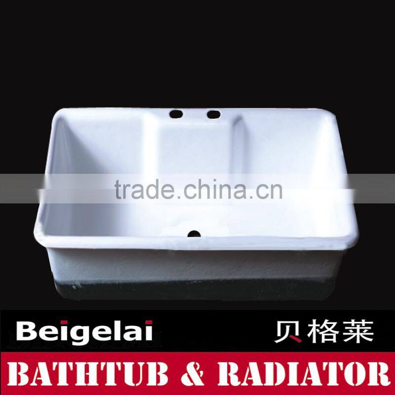 Unique enamelled cast iron kitchen sink with single bowl and two faucet holes