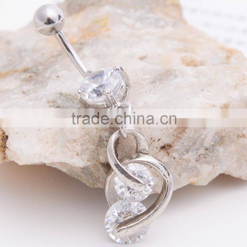 Big Zircon Inlay Dual Hearts lining Dangle Belly Button Naval Ring.