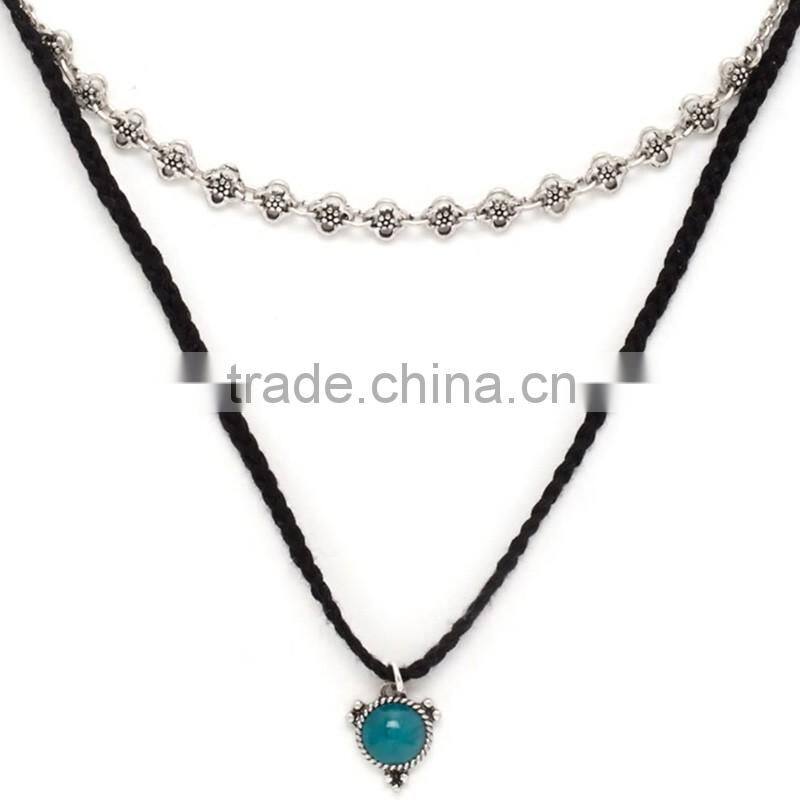 Harajuku Style Black Braided Rope Atrovirens Beads Pendant Retro Alloy Tiny Flower Chain Multilayer Joker Necklaces For Women