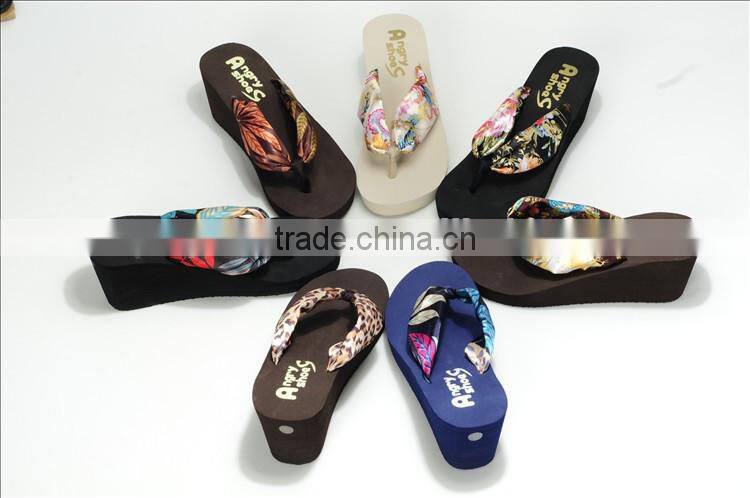 ladies printing sexy satin strap wedge flip flop sandals