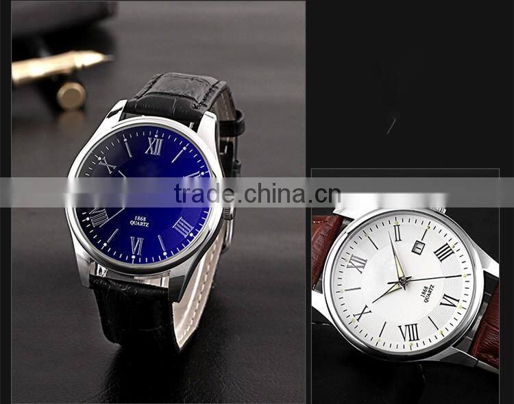 High class bule dial alloy case genuine leather band with night view men fashion watches