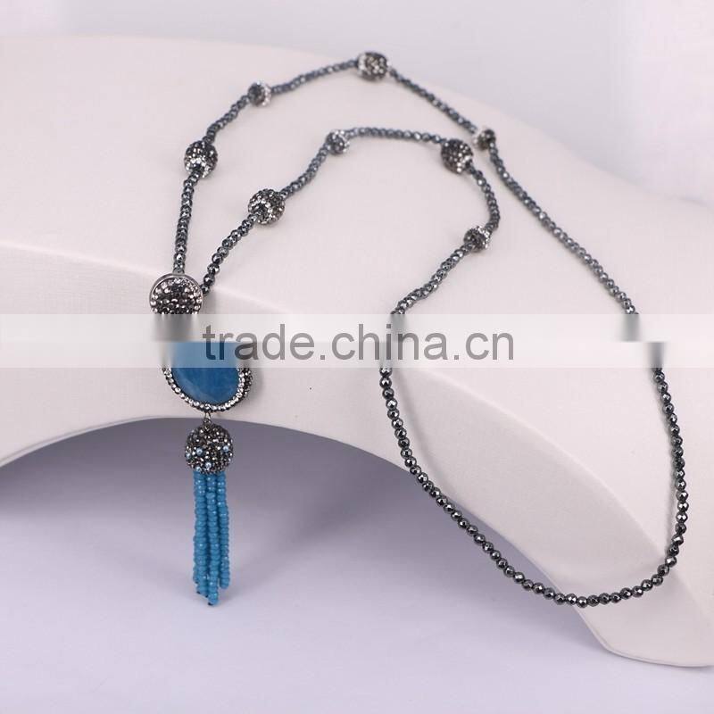 Strands Pave Crystal Beads Gem Stone Necklace, Crystal Glass Tassel Jewelry with Black Hematite Beaded Necklace