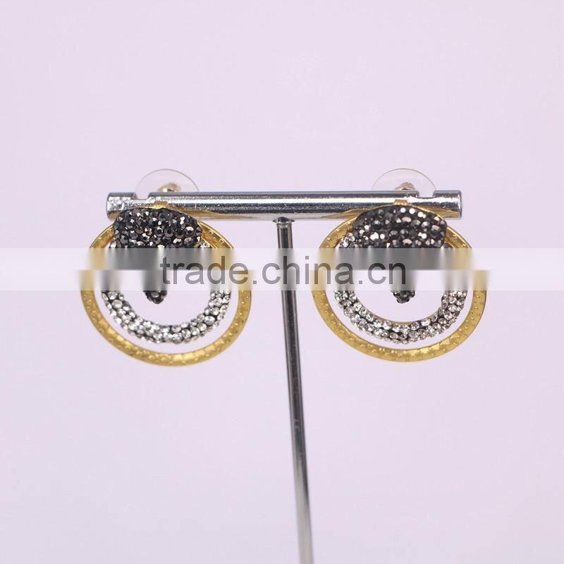 Metal Alloy Plated Gold Earrings, Circle shape Pave Crystal Jewelry Stud Earrings