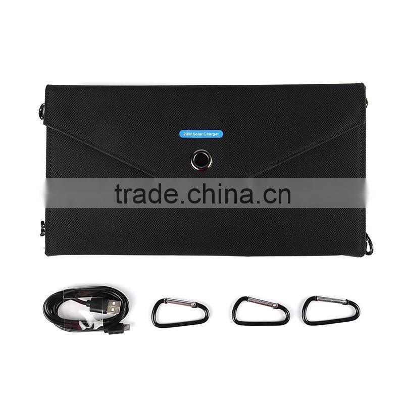 CE FCC ROHS Aproved 20W waterproof foldable double usb output portable mobile solar panel charger