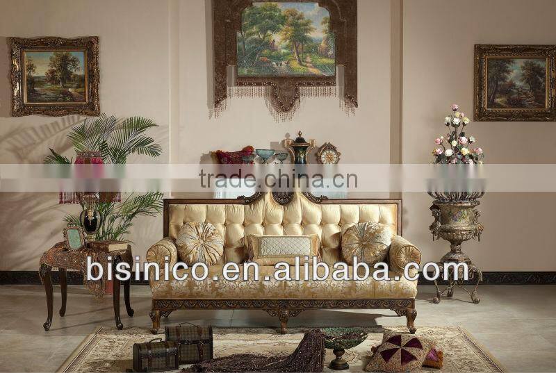 Arabia Style Wood Carving Living Room Sofa Set, Luxury Upholstery Three Seat Sofa,