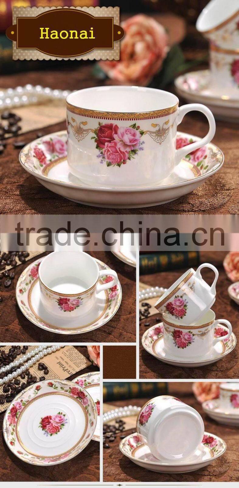Haonai high quality porcelain coffee mug and saucer with golden rim
