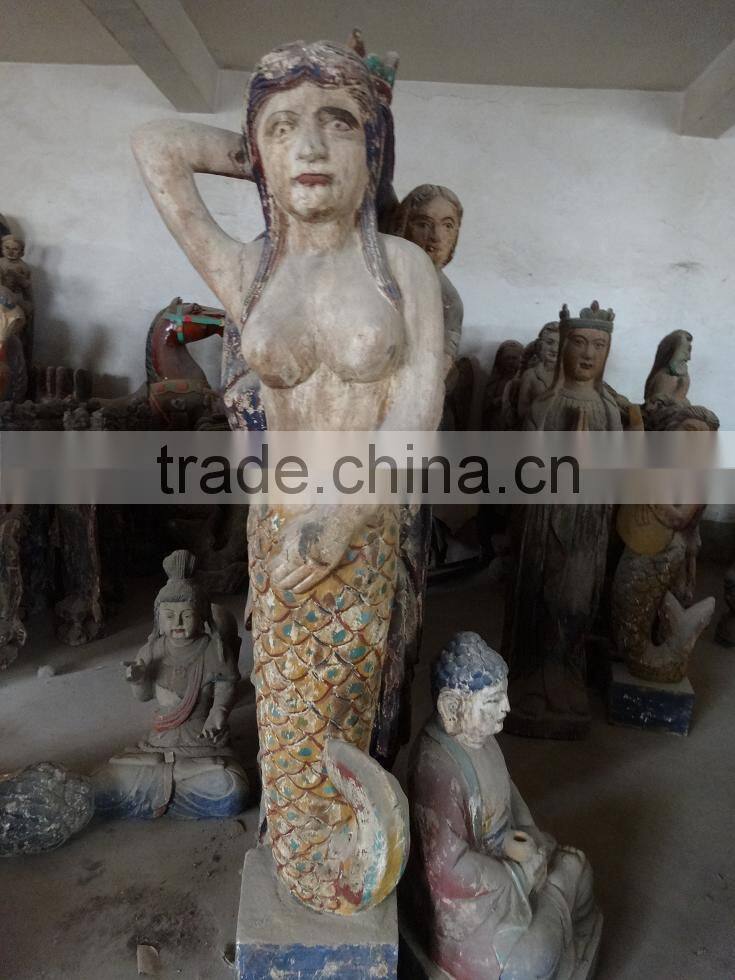 hot sell made wooden carving double mermaid,Antique wooden statues,Religious sculptures