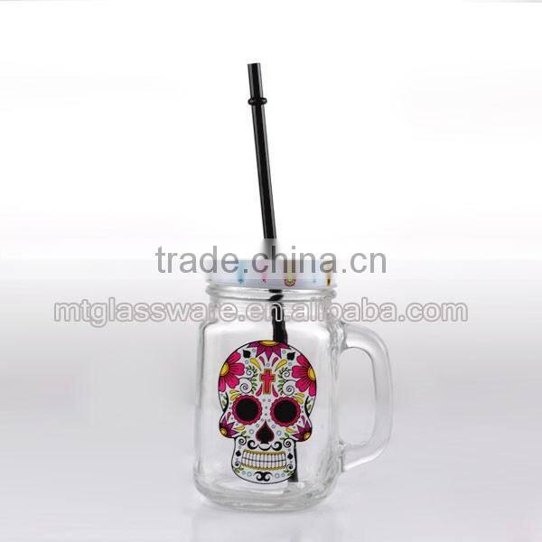 16oz Halloween Theme Skull Decal Glass Mason Jar with Handle