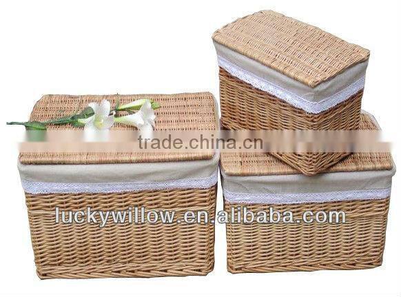 3/s rectangle willow storage boxes with removable lids&lining