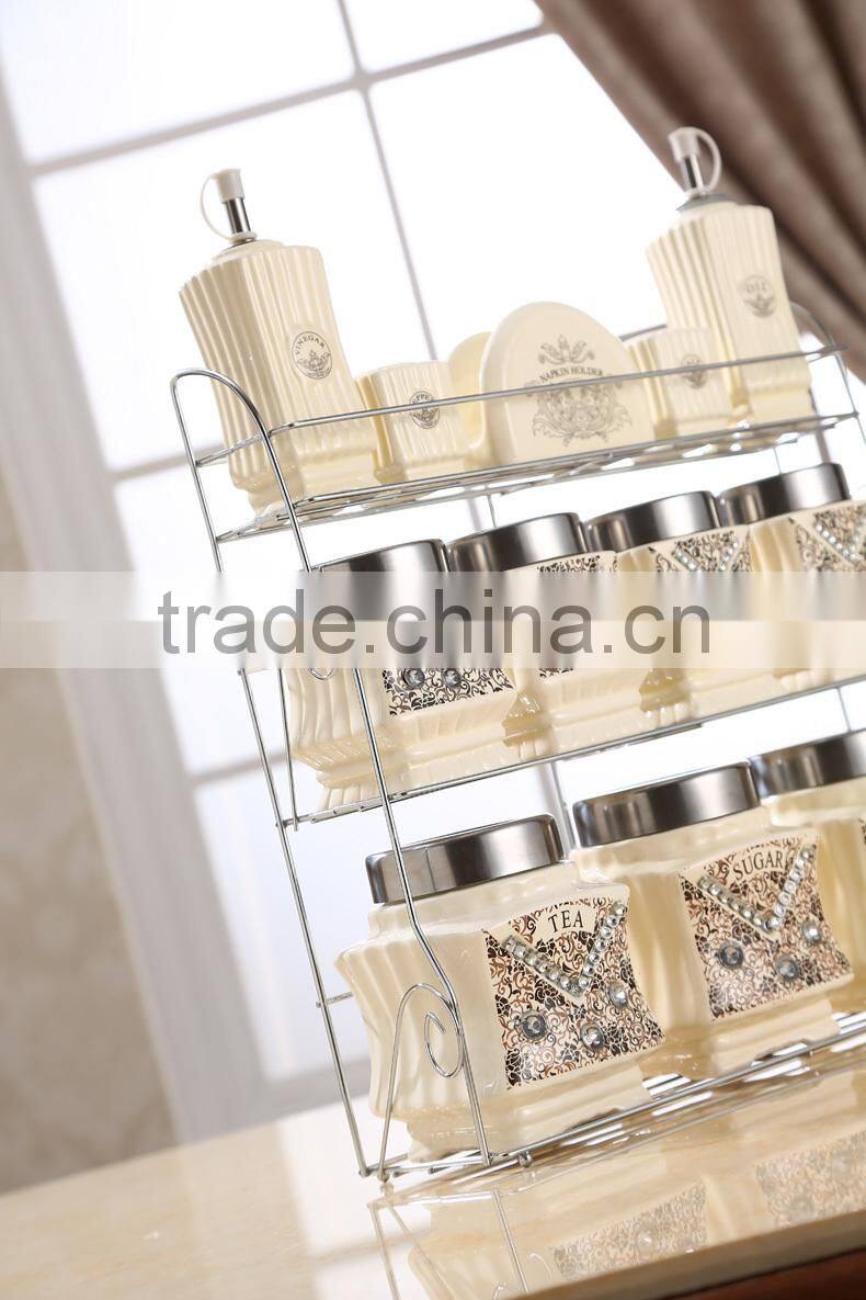 kitchenware food storage ceramic canister set with metal stand