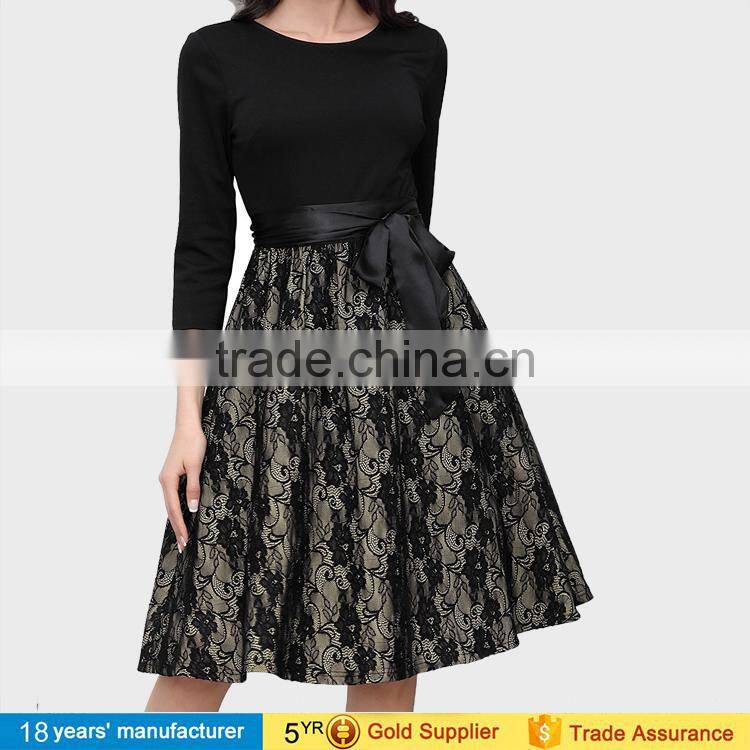 Vintage black wrap embroidery lace knee length casual cocktail party dresses for elegant mature women over 50